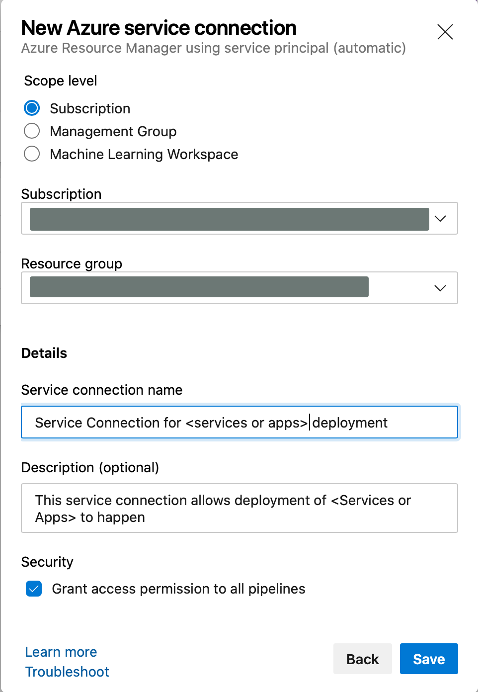 Figure F - Selecting scope and naming the service connection